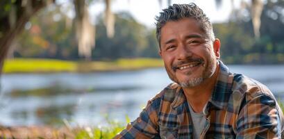 Man Smiling by a Lake on a Sunny Day photo