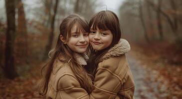 Two Young Girls Hugging in a Forest During Autumn photo