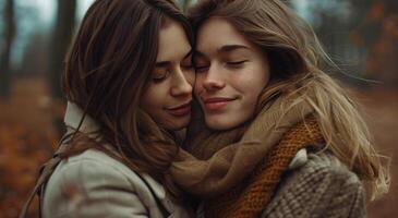Two Young Women Embracing In A Winter Forest photo
