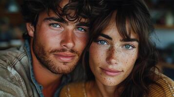Close Up Portrait of a Young Couple With Freckles and Blue Eyes photo