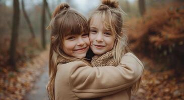 Two Young Girls Hugging in a Forest During Autumn photo