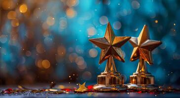 Two Gold Star Trophies on Blue Background With Red Confetti photo