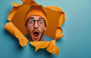 Shocked Man Peering Through Ripped Orange Paper on Blue Background photo