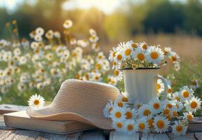 Straw Hat and Daisies Resting in a Field on a Sunny Day photo