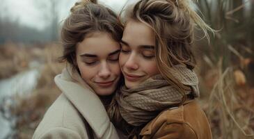Two Young Women Embracing In A Winter Forest photo