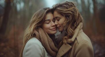 Two Young Women Embracing In A Winter Forest photo