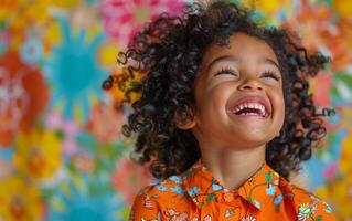 Portrait of a Young Girl With Curly Hair Laughing in Front of a Colorful Background photo
