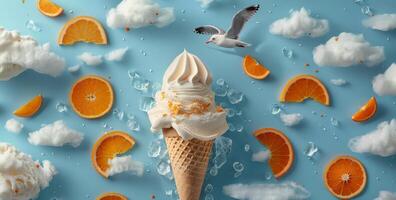 A Soft Serve Ice Cream Cone Surrounded by Clouds and Orange Slices on a Blue Background photo