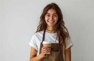 Smiling Woman in Apron Holding Coffee Cup photo