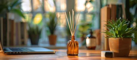 A Brown Glass Bottle Diffuser With Wooden Sticks on a Wooden Desk in a Bright Room photo
