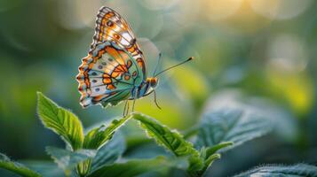 Colorful Butterfly Perched on Green Leaf in Sunlight photo
