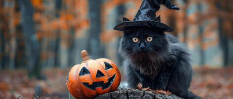 Black Cat Wearing Witch Hat Poses With Pumpkin in Autumn Forest photo