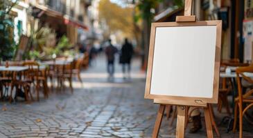 Blank Wooden Signboard Outside a Busy Restaurant in the Afternoon photo