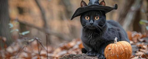 Black Cat Wearing Witch Hat Poses With Pumpkin in Autumn Forest photo