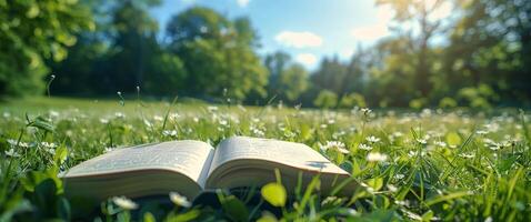 Open Book Resting in a Summer Meadow With Blue Sky photo