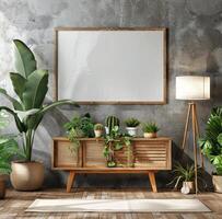 Empty White Frame Above Wooden Cabinet In A Modern Home photo