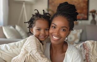 Happy Mother and Daughter Smiling Together in a Cozy Home Interior photo