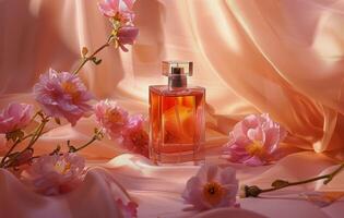 Glass Bottle of Liquid With White Flowers on Peach Colored Fabric photo