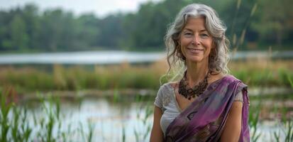 Smiling Woman In A Purple Sari By The Lake At Sunset photo