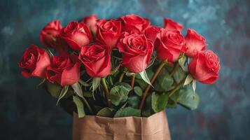 A Bouquet of Red Roses in a Brown Paper Bag Against a Teal Background photo