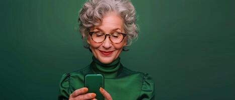Smiling Senior Woman Using Smartphone Against Green Background photo
