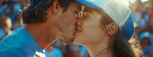 Couple Kissing in Front of a Busy Street Market in the Daytime photo