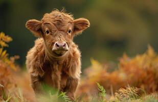 Close Up Portrait of a Brown Highland Calf Standing in Autumn Foliage photo