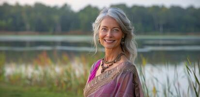 Smiling Woman In A Purple Sari By The Lake At Sunset photo