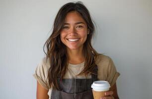 Smiling Woman Wearing an Apron Against a White Wall photo