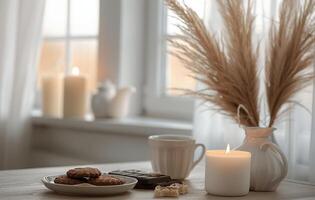 Cozy Windowsill Scene With Burning Candle and Cookies photo
