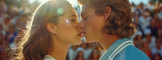 Couple Kissing in Front of a Busy Street Market in the Daytime photo