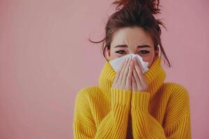 Young Woman Wearing Yellow Sweater Blowing Her Nose Against a Pink Background photo