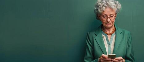 Senior Woman Using Smartphone In Front Of Green Chalkboard photo