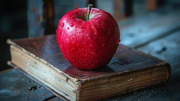 A Red Apple Resting on an Old Leather-Bound Book photo