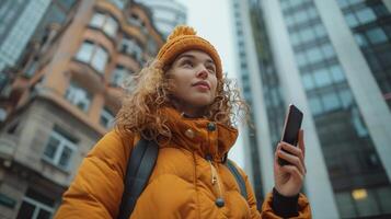 Young Woman Using Smartphone While Walking in City photo
