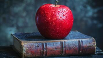 A Red Apple Resting on an Old Leather-Bound Book photo