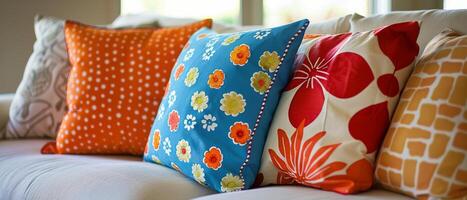 Colorful Throw Pillows on a White Sofa in a Modern Home photo