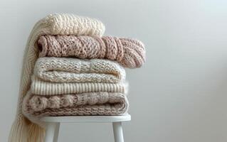 Stack of Soft Pink Knitted Sweaters on White Stool photo