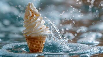 Soft Serve Ice Cream Cone Splashing Into Water photo