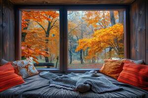 Cozy Window Seat With Autumn Forest View photo