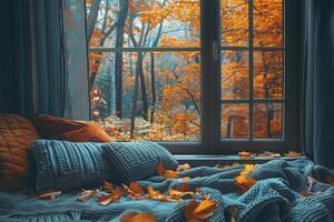 Cozy Window Seat With Autumn Forest View photo