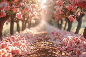 Pink Cherry Blossom Trees Line a Pathway in Spring photo
