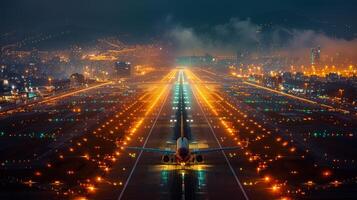 iluminado aeropuerto pista a noche con ciudad luces en el distancia foto