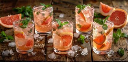 Refreshing Grapefruit Cocktails With Mint Garnishes on a Wooden Table photo