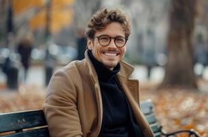 Smiling Man In Brown Coat Sitting On A Bench On An Autumn Day photo