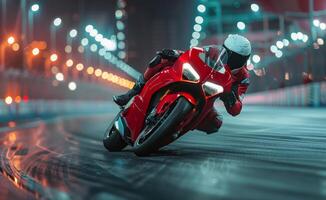 Red Motorcycle Rider Leaning Into a Turn on a Night Track photo
