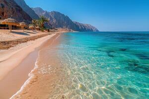 Tranquil Beach Scene With Palm Trees and Mountain Views in Egypt photo