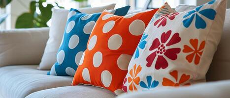 Colorful Throw Pillows on a White Sofa in a Modern Home photo