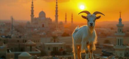 White Goat Gazing at Sunset Over Cityscape With Mosque photo