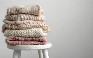 Stack of Soft Pink Knitted Sweaters on White Stool photo